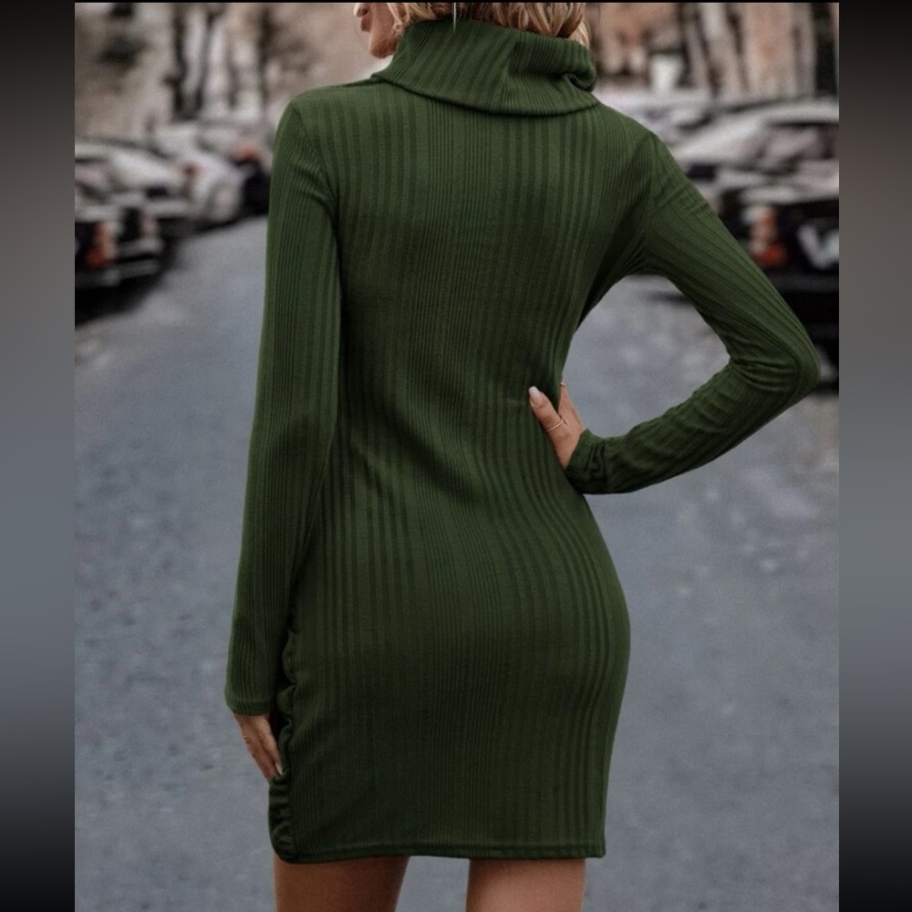 Classic Long Sleeve Cowl Neck Knot Side Wrap Hem Ribbed Dress - Picture 11 of 16